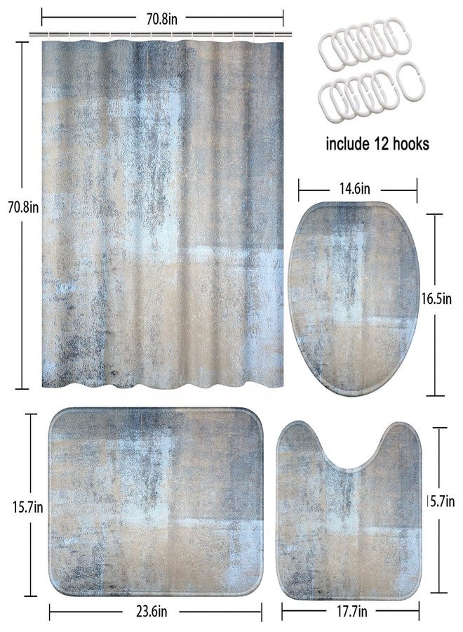 ArtSocket 4 Pcs Shower Curtain Set Abstract Blue Bathroom Set with Shower Curtain and Rugs Beige Grey Blue Brown Modern with Non-Slip Rugs Toilet Lid Cover and Bath Mat Bathroom - Image 5