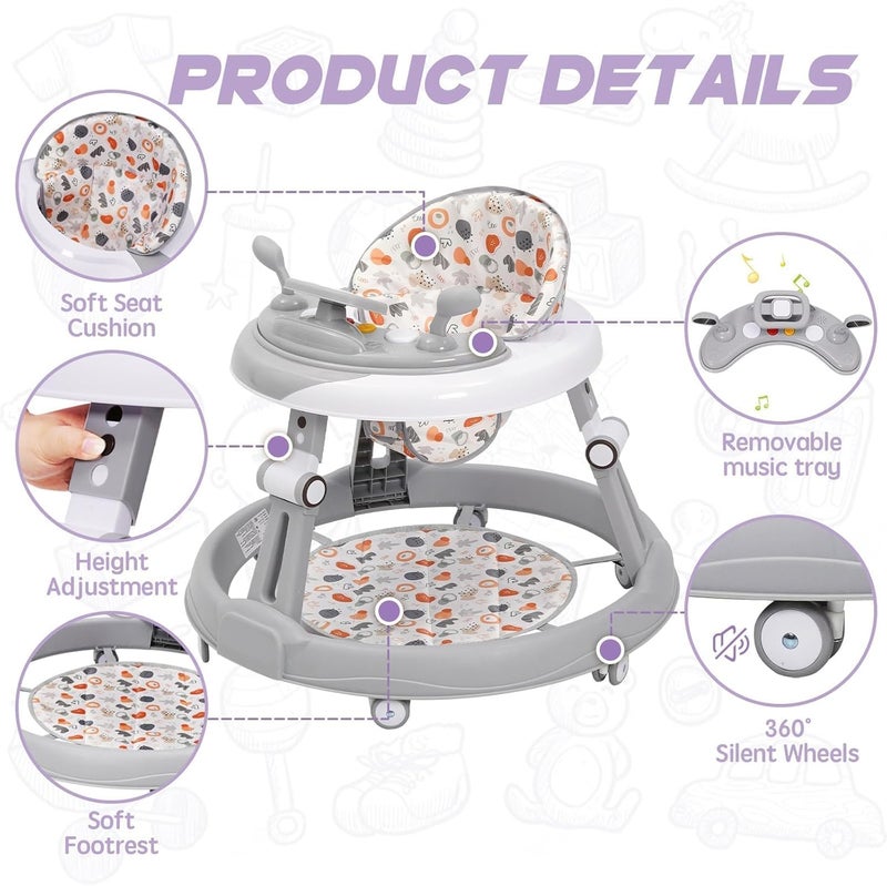 Baby Heel with Steering Wheel, Set, Mat, Round Non-Slip Chassis with 6 Wheels, Foldable and with 3 Adjustable Heights, Seat with 4 Adjustable Positions, Walker for Babies from 6 Months - Image 5