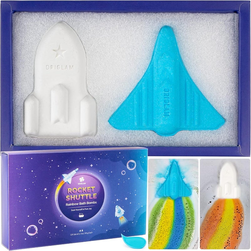 ORIGLAM Kids Bath Bombs for Boys 2 Extra Large Space Plane Rocket Bath Bombs for Kids Bubble Bath Handmade Rainbow Bath Bomb Gift Set Easter Gifts for Kids Toddlers Birthday Gifts for Men 85g2ct