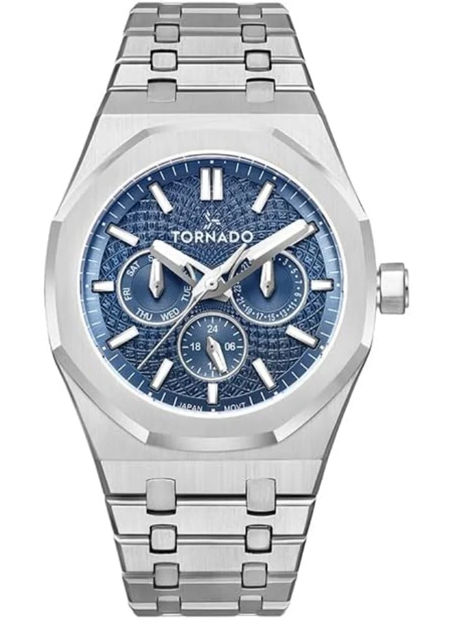 TORNADO Tornado Aurora Men's Miyota 6P29 Movement Watch, Multi Function Display and Stainless Steel Brushed Bracelet Strap - T23104-SBSL, Silver