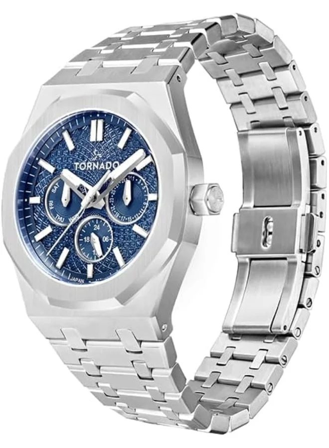 TORNADO Tornado Aurora Men's Miyota 6P29 Movement Watch, Multi Function Display and Stainless Steel Brushed Bracelet Strap - T23104-SBSL, Silver