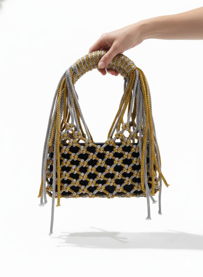 Tote Handbag For Women and Girls SMALL Size Crochet Handcrafted Perfect Weddings, Parties, Beach, Special Events Compact bag phone and wallet cute petite Mobile cover Bag Clutch purse (Gold+Silver) - Image 5