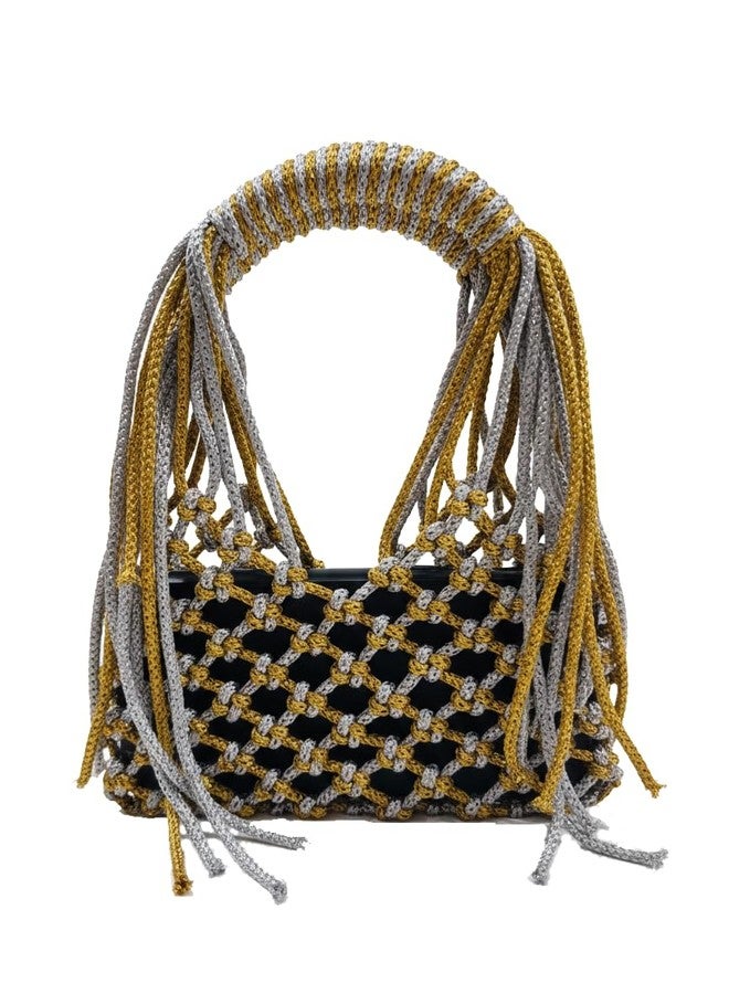 Tote Handbag For Women and Girls SMALL Size Crochet Handcrafted Perfect Weddings, Parties, Beach, Special Events Compact bag phone and wallet cute petite Mobile cover Bag Clutch purse (Gold+Silver) - Image 1