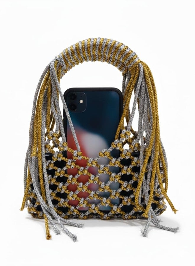 Tote Handbag For Women and Girls SMALL Size Crochet Handcrafted Perfect Weddings, Parties, Beach, Special Events Compact bag phone and wallet cute petite Mobile cover Bag Clutch purse (Gold+Silver) - Image 2