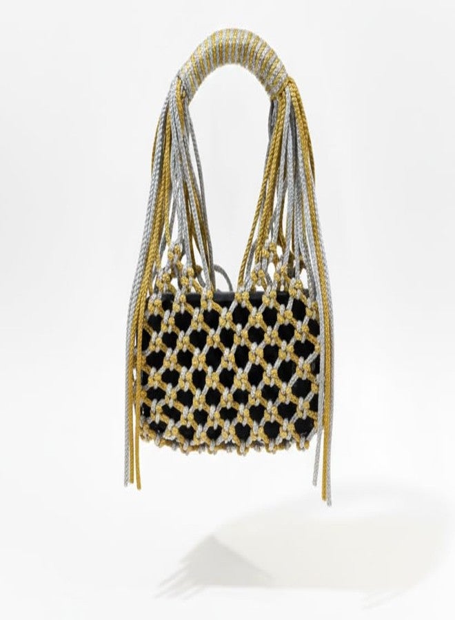Tote Handbag For Women and Girls SMALL Size Crochet Handcrafted Perfect Weddings, Parties, Beach, Special Events Compact bag phone and wallet cute petite Mobile cover Bag Clutch purse (Gold+Silver) - Image 3