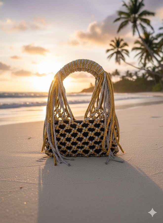 Tote Handbag For Women and Girls SMALL Size Crochet Handcrafted Perfect Weddings, Parties, Beach, Special Events Compact bag phone and wallet cute petite Mobile cover Bag Clutch purse (Gold+Silver) - Image 4