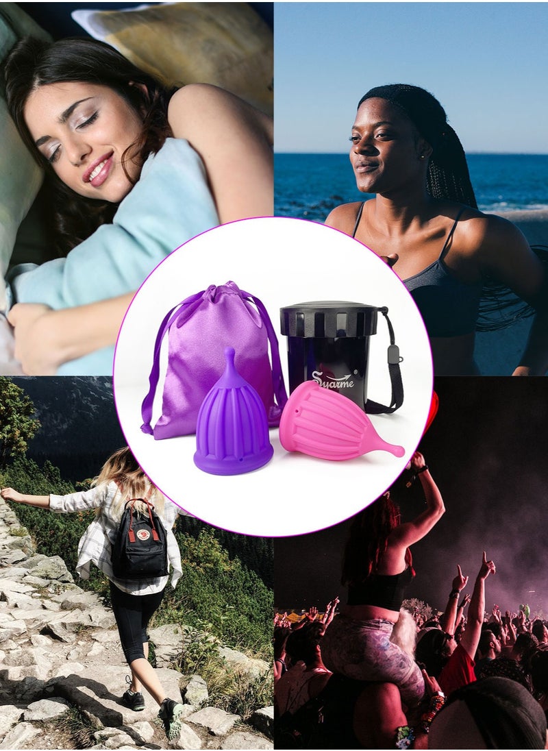 Syarme - Menstrual Cup, Reusable Period Cup, Made of Medical Silicone, Replacement for Tampons and Pads, Contains 2 Menstrual Cups L and L, Washing Sterilizer Bottle and Cloth Bag - Image 1