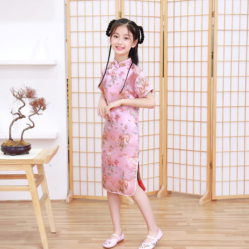 DLSNZ Girls Chinese Qipao Dress Dragon Pattern Short Sleeve Cheongsam Costume for Birthday Party Wedding (US, Age, 4 Years, 5 Years, Pink Dragon) - Image 4
