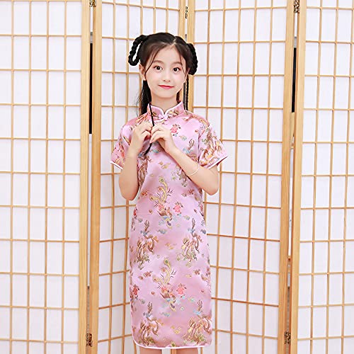 DLSNZ Girls Chinese Qipao Dress Dragon Pattern Short Sleeve Cheongsam Costume for Birthday Party Wedding (US, Age, 4 Years, 5 Years, Pink Dragon) - Image 3