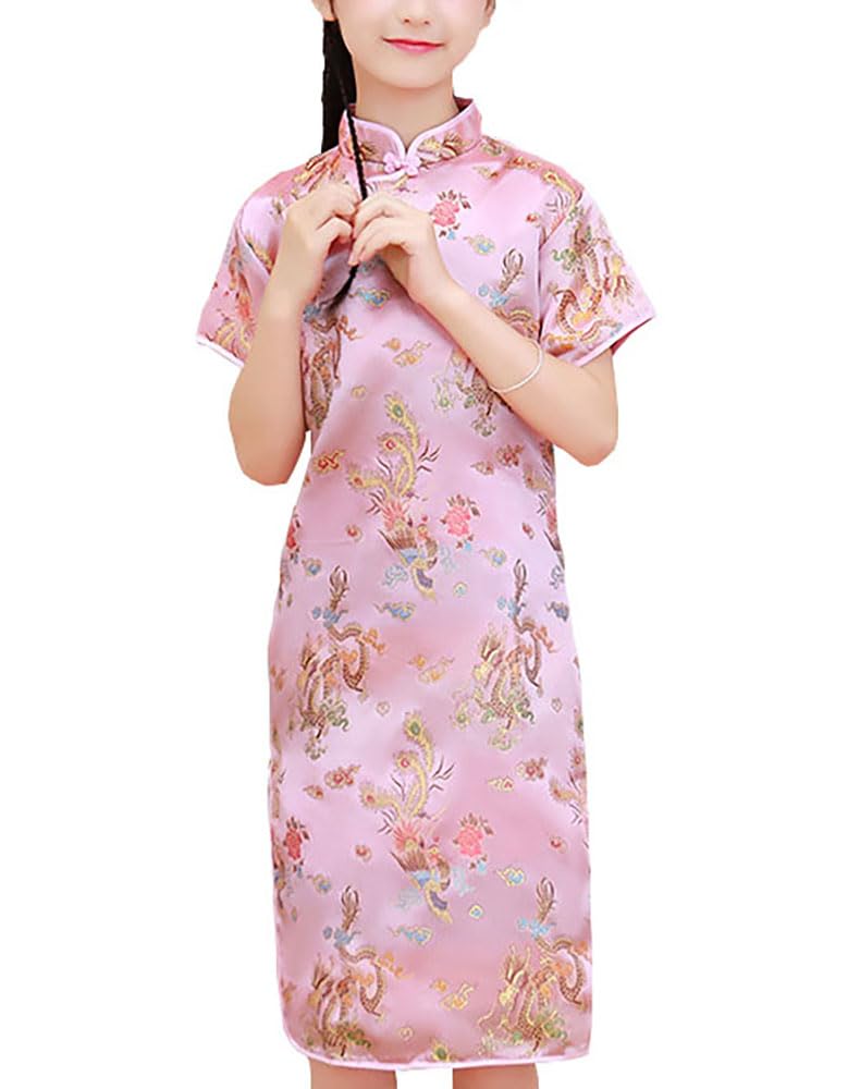 DLSNZ Girls Chinese Qipao Dress Dragon Pattern Short Sleeve Cheongsam Costume for Birthday Party Wedding (US, Age, 4 Years, 5 Years, Pink Dragon) - Image 1