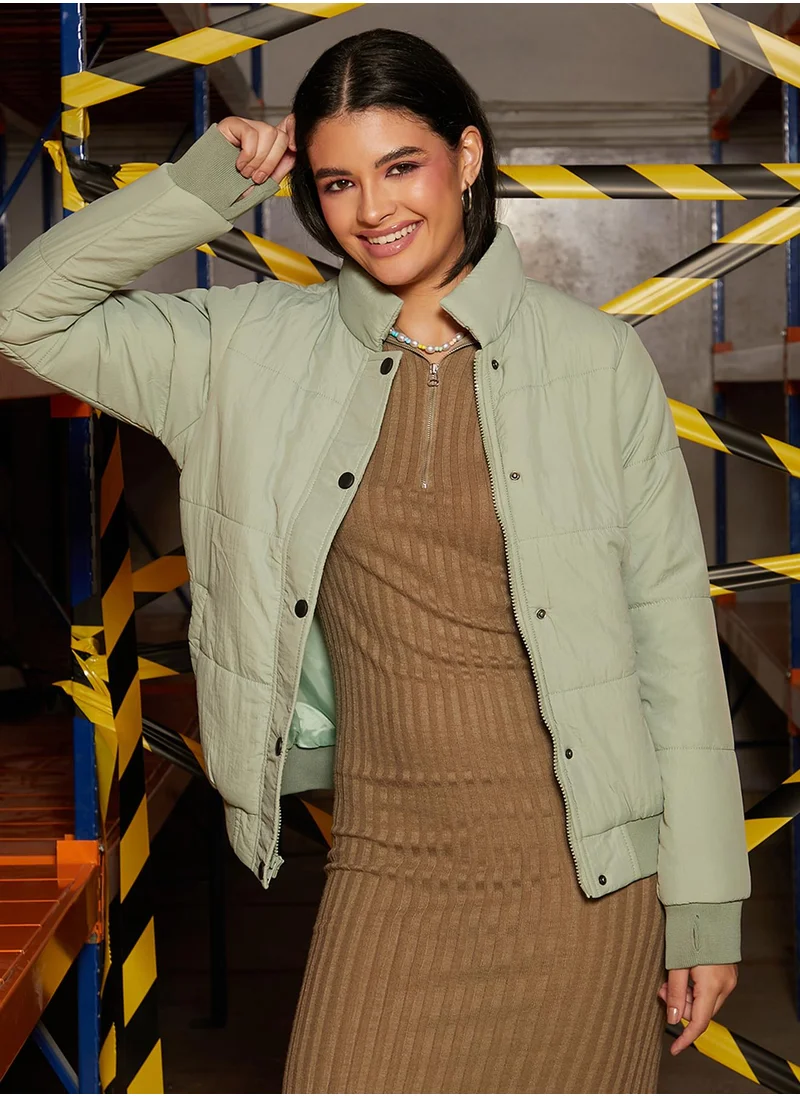 كامبوس سوترا Women's Sage Green Puffer Jacket With Ribbed Hem