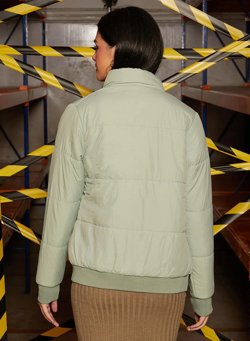 كامبوس سوترا Women's Sage Green Puffer Jacket With Ribbed Hem