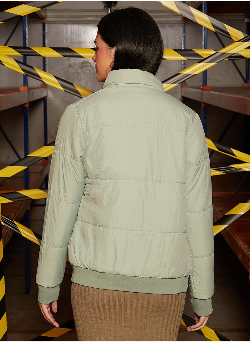 Campus Sutra Women's Sage Green Puffer Jacket With Ribbed Hem  - Image 5
