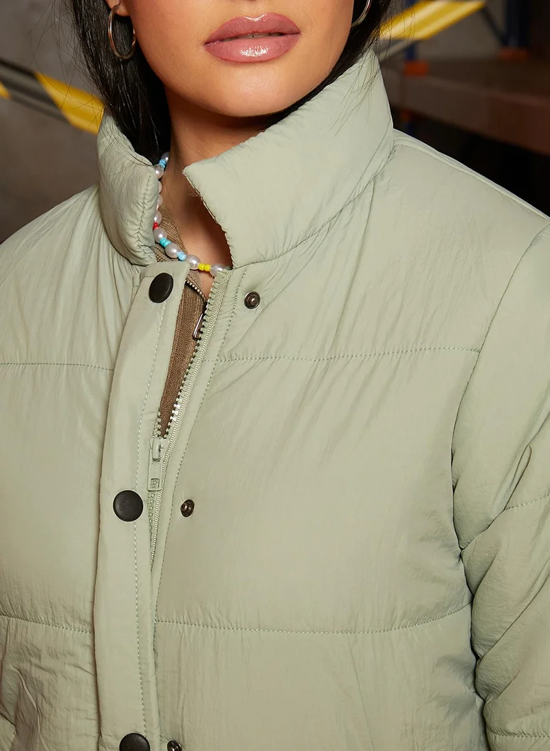 كامبوس سوترا Women's Sage Green Puffer Jacket With Ribbed Hem