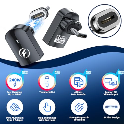 DuHeSin USB C Magnetic Adapter 240W (2 Pack) Right Angle Magnetic USB C Adapter 24 Pins with USBC 4 40Gbps 8K 60Hz for Thunderbolt 3/4, MacBook Pro/Air, Swtich and More Type C Devices - Image 2