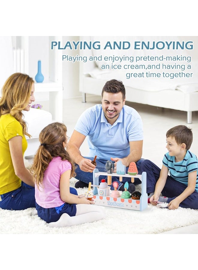 umu Wooden Ice Cream Counter Play Set Toy - Pretend Kitchen Accessories for Kids, Interactive PretendFood ,Montessori Shape Sorter 21 PCS Toddler Christmas Birthday Toys Gift 3+ Kids Girls &Boys - Image 5