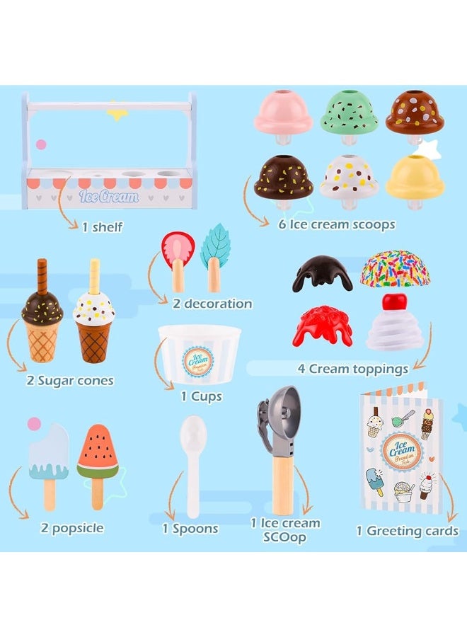 umu Wooden Ice Cream Counter Play Set Toy - Pretend Kitchen Accessories for Kids, Interactive PretendFood ,Montessori Shape Sorter 21 PCS Toddler Christmas Birthday Toys Gift 3+ Kids Girls &Boys - Image 2
