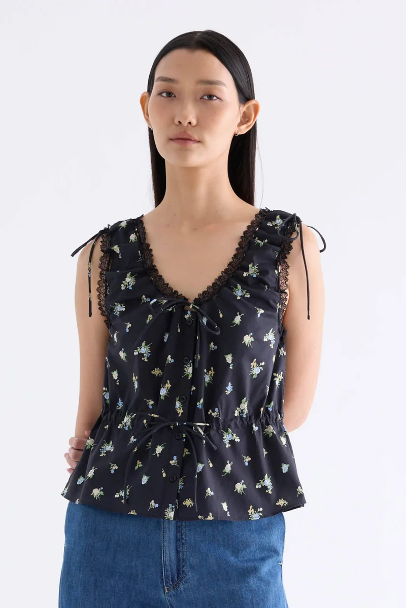 The Editor's Market Danielle Strappy Drawstring Top - Ebony Floral