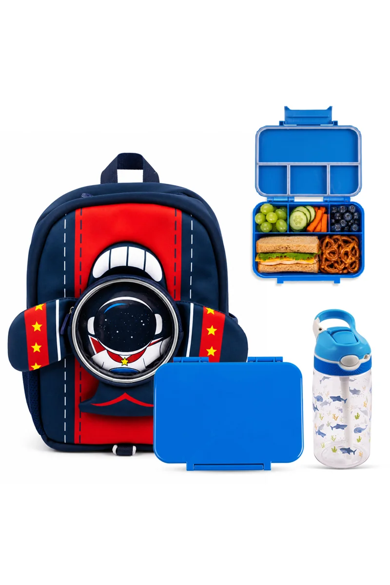 كوكوبي Cocobee Aeroplane-Style Astronaut Print Backpack for Boys + Water Bottle – BPA-Free 480ml + Tritan Bento Lunch Box – 4 Compartments