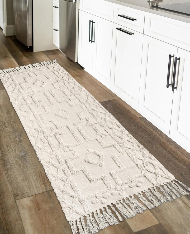 Uphome Boho Hallway Runner Rug 2'x 6', Beige Cotton Washable Kitchen Rug Runners with Tassels, Hand Woven Western Entryway Runner Rugs, Morrocan Accent Throw Carpet for Hallways Bedroom Bathroom - Image 1