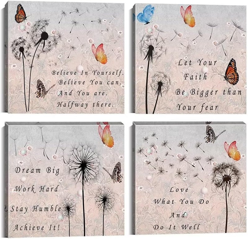 Wall HDQ Flowers Wall Art for Living Room Bedroom Bathroom Abstract Inspirational Painting Print on Canvas Home Decor Decal Pictures Poster Printed Gifts Framed Ready to Hang 4 Panels - Image 1