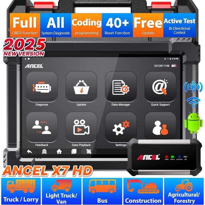 Ancel ANCEL X7HD 10 Heavy Duty Truck Scanner Semi Trucks Full System Diagnostic Tool Bidirectional Diesel Scan Tool with DPF ECU Coding 40 Reset for Cummins Detroit Caterpillar Volvo Paccar etc