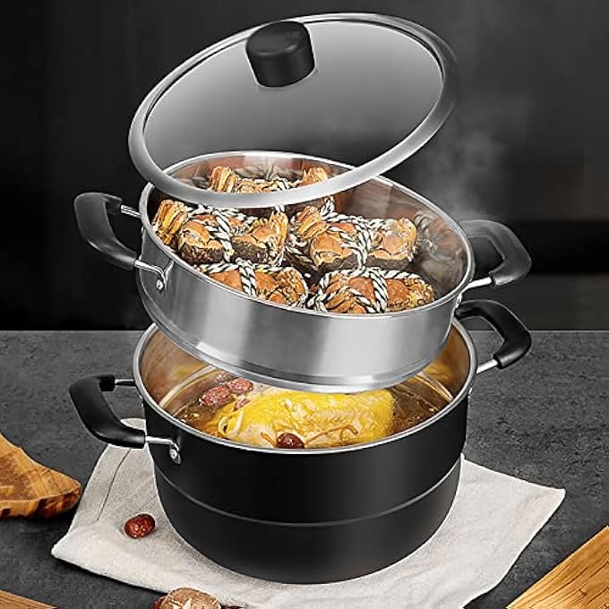 قدر بخار، قدر حساء، فولاذ مقاوم للصدأ بدرجة 430، قاعدة سميكة مركبة من ثلاث طبقات، مأكولات بحرية مطهوة على البخار، حساء دجاج مطهو على البخار - Image 3