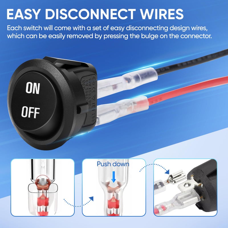XINYIELE 12 Volt Round Rocker Switch,On Off Rocker DC Switch,Round Toggle Switch,2 Pin SPST Switch Button 6A/250V 10A/125V AC Small Electric Switch with Wires for Car Stereo Marine Boatï¼ˆON-Off,5Pcs - Image 3