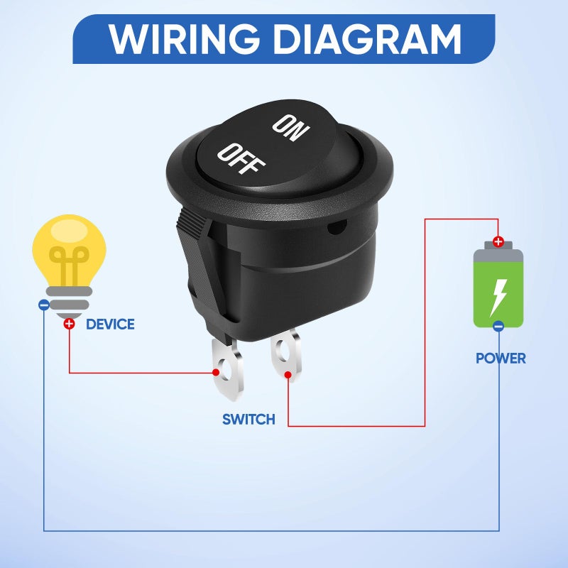 XINYIELE 12 Volt Round Rocker Switch,On Off Rocker DC Switch,Round Toggle Switch,2 Pin SPST Switch Button 6A/250V 10A/125V AC Small Electric Switch with Wires for Car Stereo Marine Boatï¼ˆON-Off,5Pcs - Image 4