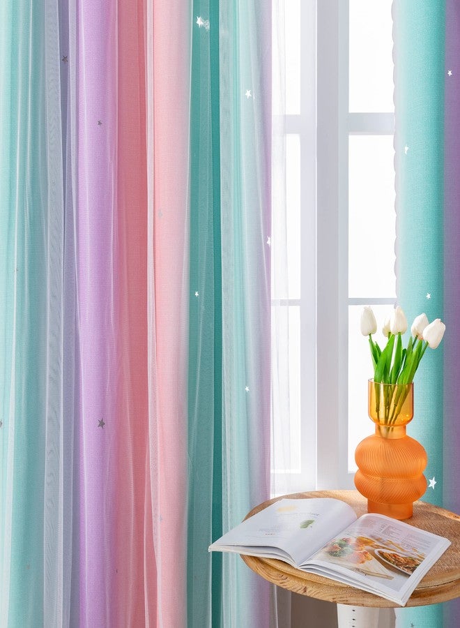 XiDi Curtains for Bedroom Decor, RainbowPink Purple Green 42/84/1 - Image 3