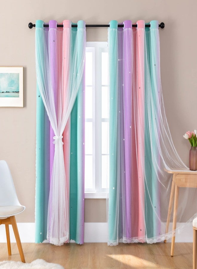 XiDi Curtains for Bedroom Decor, RainbowPink Purple Green 42/84/1 - Image 2