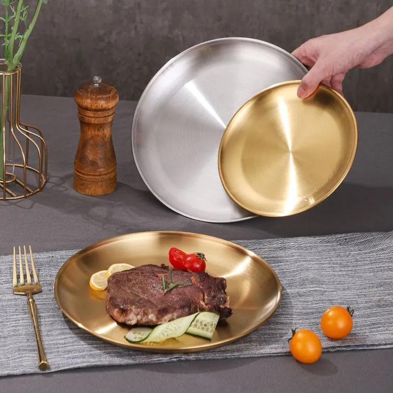 Stainless Steel Serving Plate 14cm Durable Thickened Design - Brushed Wire Texture Grip Radiant Gold Finish for Home Dining Table Settings - Image 1