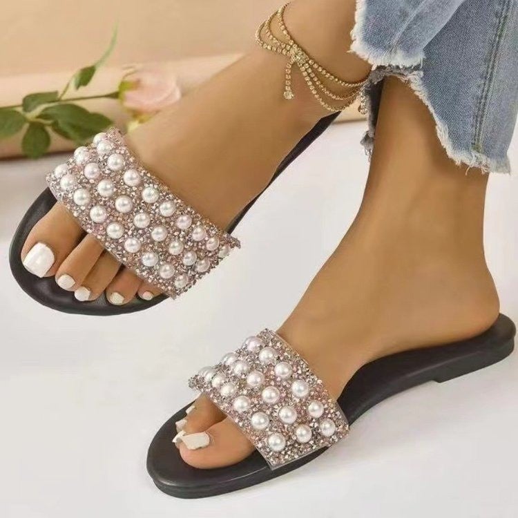 2024 Plus Size Flat Pearl Sandals And Slippers Square Head Lou Women'S Sandals - Image 4