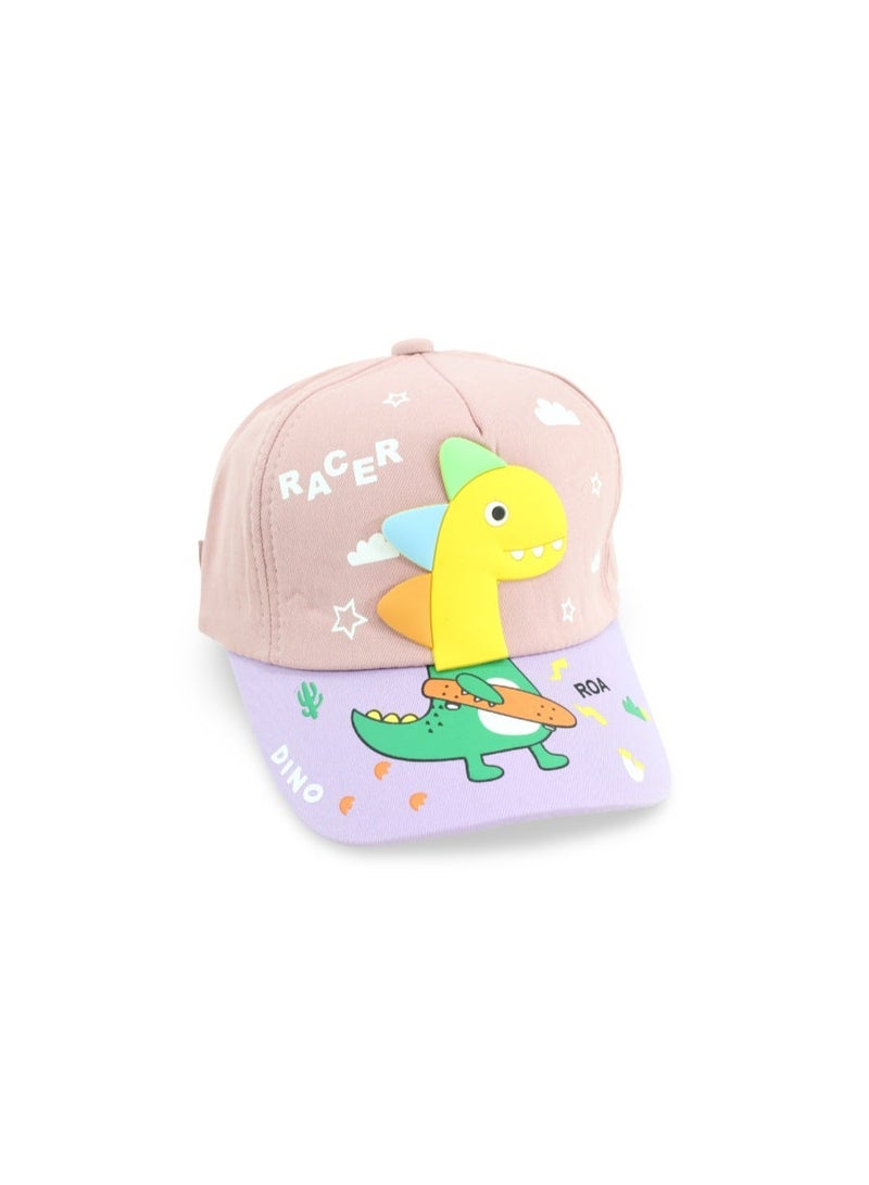 Fancy Girls Cotton Cap – Dusty Pink with "Racer Dino" Design - Image 1