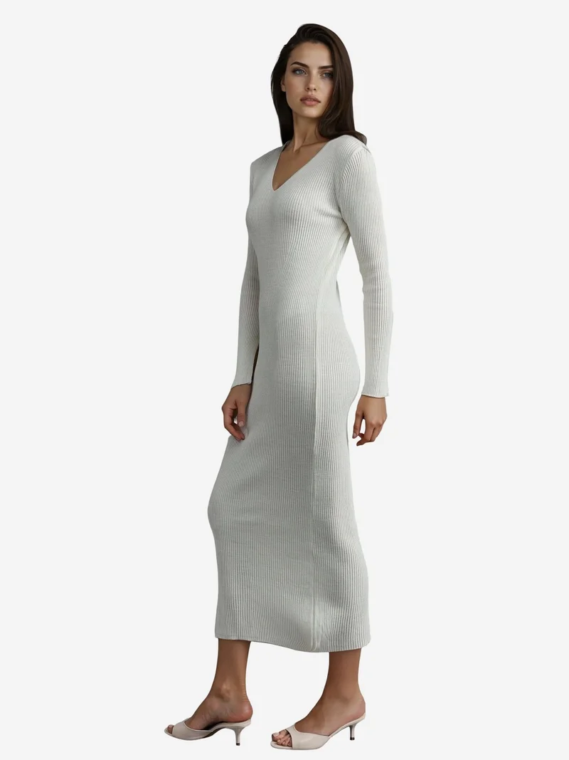 My Fashion Dusty White MY FASHION V-Neck Textured Maxi Knit Dress with Slit for Women | Best Price UAE