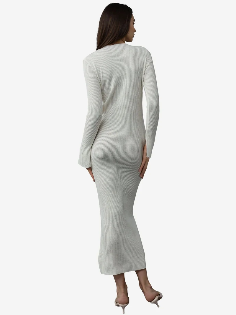 My Fashion Dusty White MY FASHION V-Neck Textured Maxi Knit Dress with Slit for Women | Best Price UAE