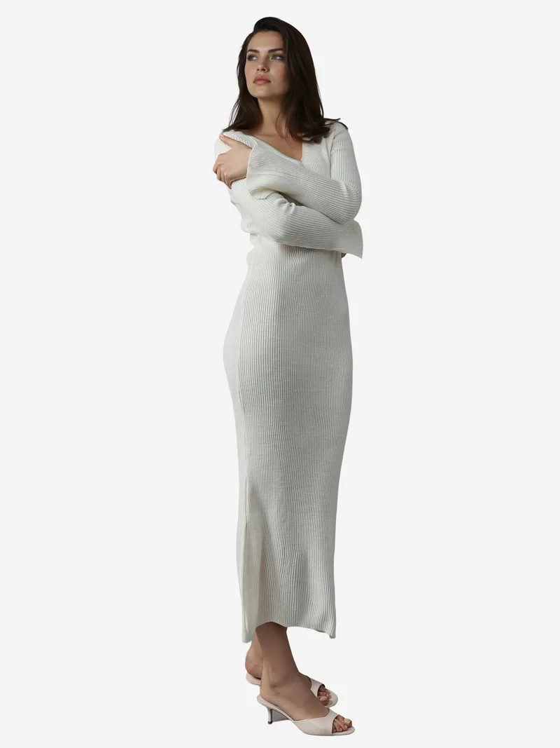 My Fashion Dusty White MY FASHION V-Neck Textured Maxi Knit Dress with Slit for Women | Best Price UAE