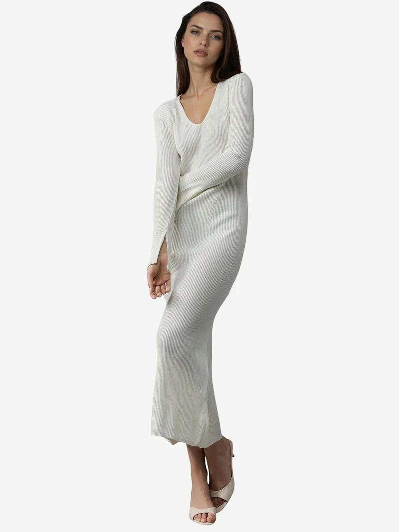 MY FASHION V-Neck Textured Maxi Knit Dress with Slit