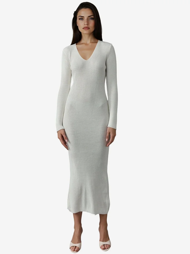 My Fashion Dusty White MY FASHION V-Neck Textured Maxi Knit Dress with Slit for Women | Best Price UAE