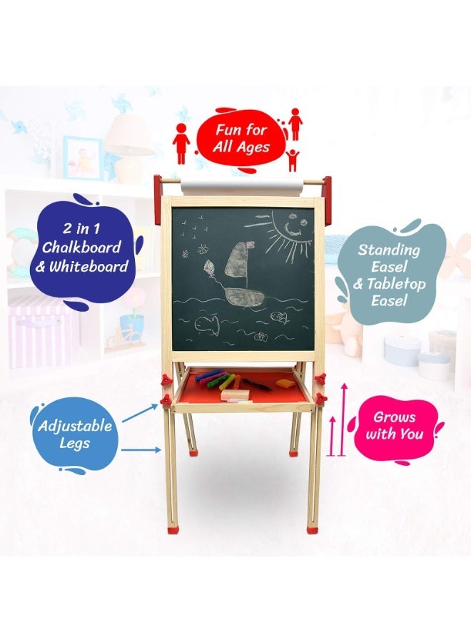 Adjustable Double-Sided Magnetic Art Easel for Kids - Wooden Drawing Chalkboard, Height Adjustable, Ideal for Creative Learning u0026 Artistic Fun for Ages 3-10 - Image 1