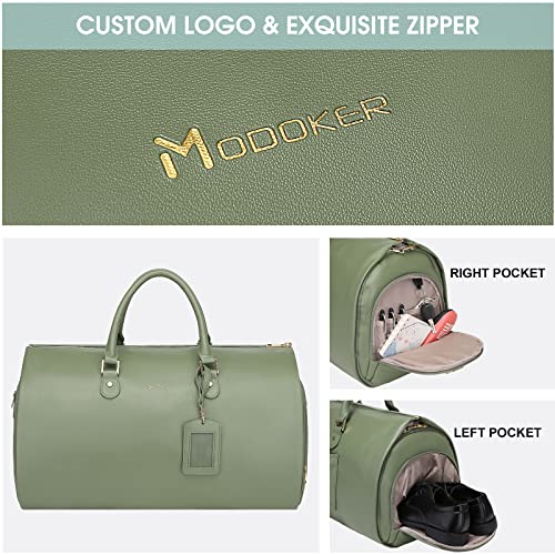 Modoker Women Convertible Leather Garment Bag with Shoulder Strap, PU Leather Garment Duffel Bag Carry on 2 in 1 Hanging Suitcase Suit Travel Bags, Green - Image 4