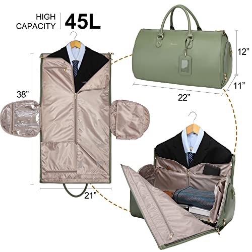 Modoker Women Convertible Leather Garment Bag with Shoulder Strap, PU Leather Garment Duffel Bag Carry on 2 in 1 Hanging Suitcase Suit Travel Bags, Green - Image 3