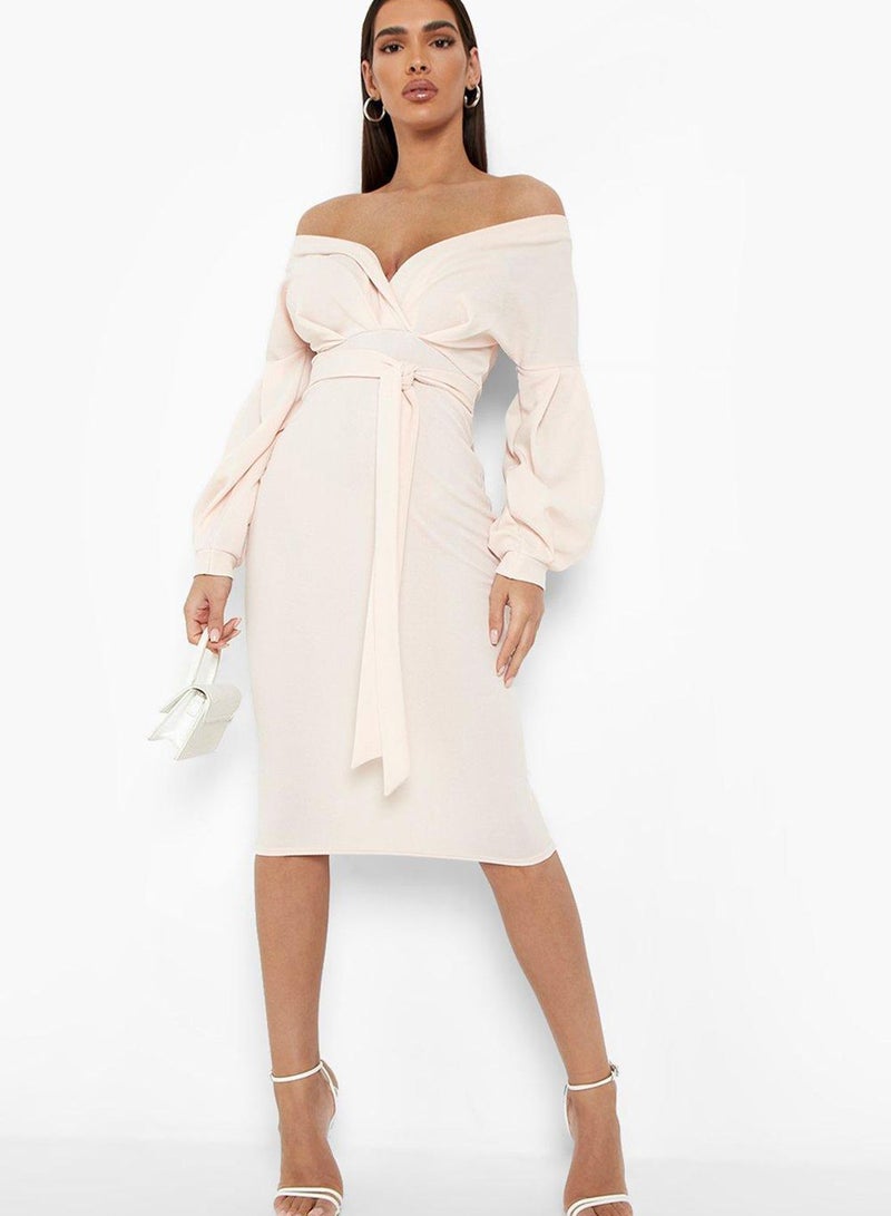 boohoo Bardot Belt Detail Ruched Sleeve Dress - Image 1