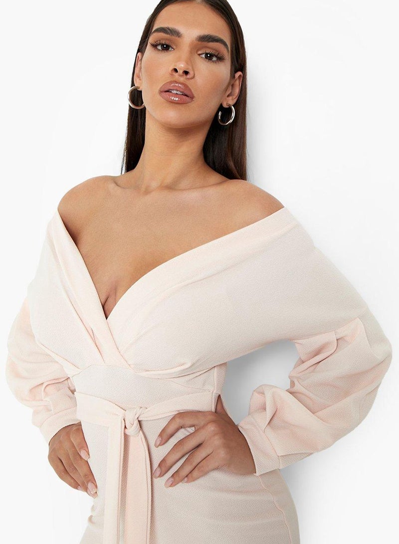 boohoo Bardot Belt Detail Ruched Sleeve Dress - Image 3