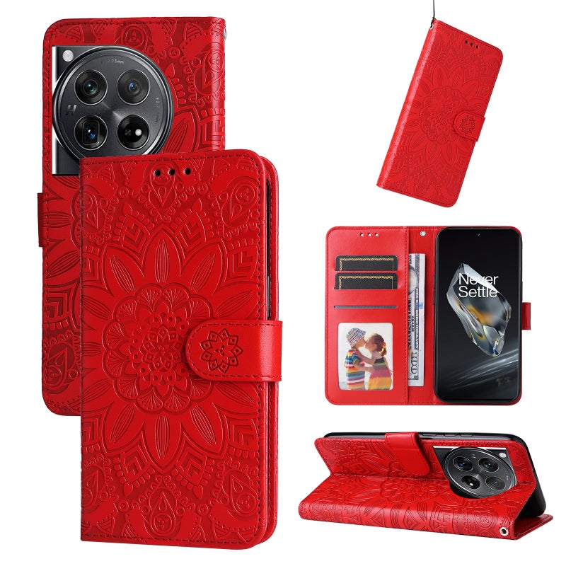 HuHa Case Cover For OnePlus 12 Embossed Sunflower Leather Phone Case(Red) - Image 1