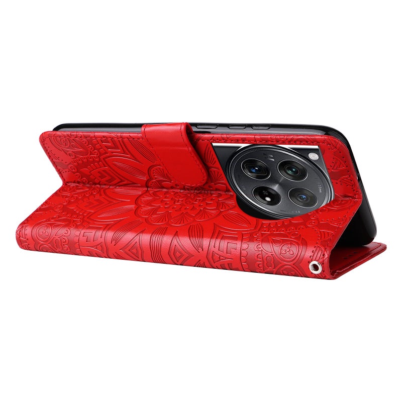 HuHa Case Cover For OnePlus 12 Embossed Sunflower Leather Phone Case(Red) - Image 5