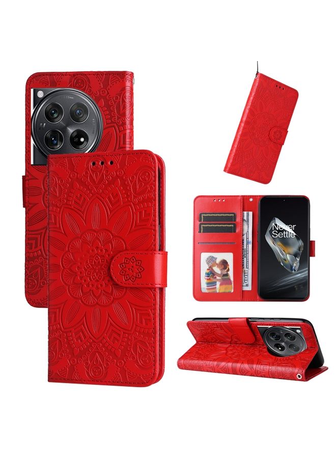 HuHa Case Cover For OnePlus 12 Embossed Sunflower Leather Phone Case Red