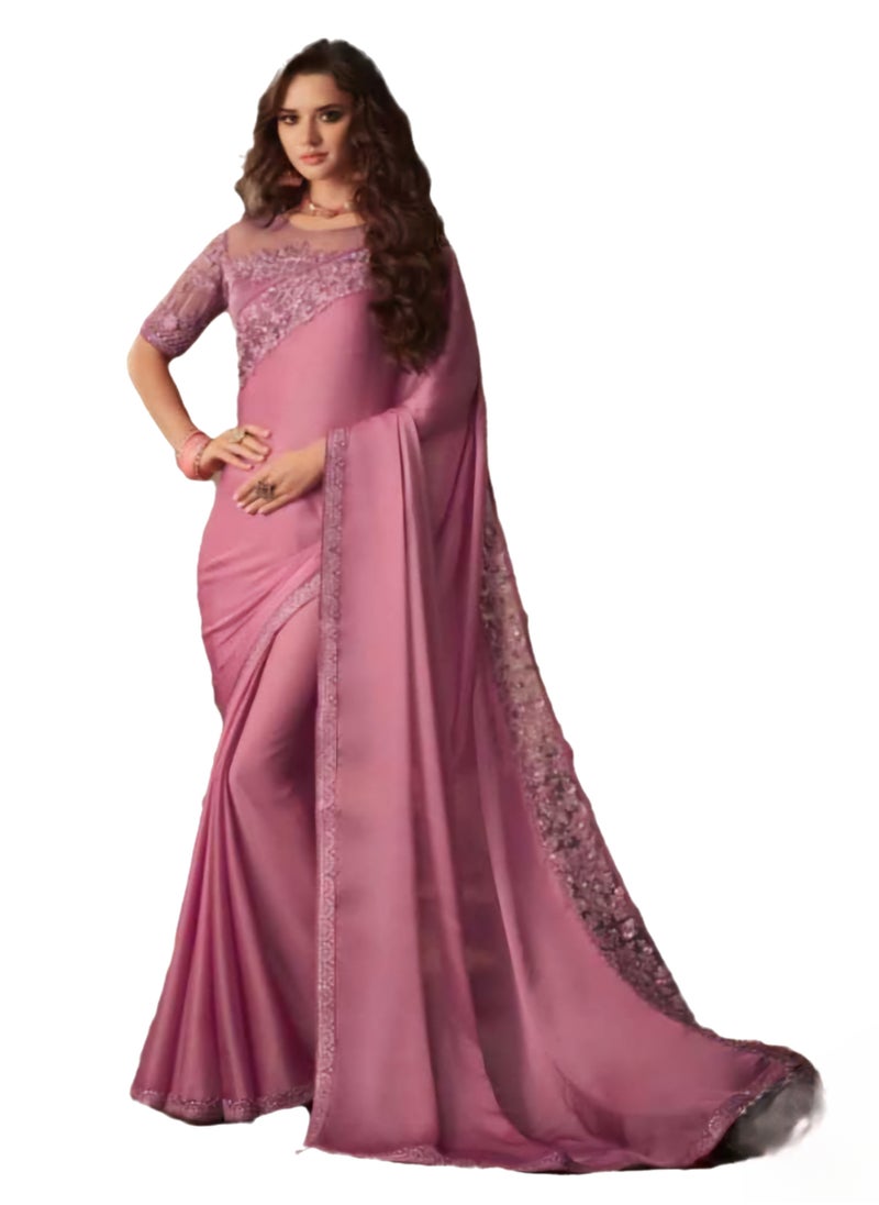 Grab Mantra Pure Satin Silk Pink Saree With Embroidered Lace Border Plus Designer Net Fancy Unstitched Blouse  - Image 4