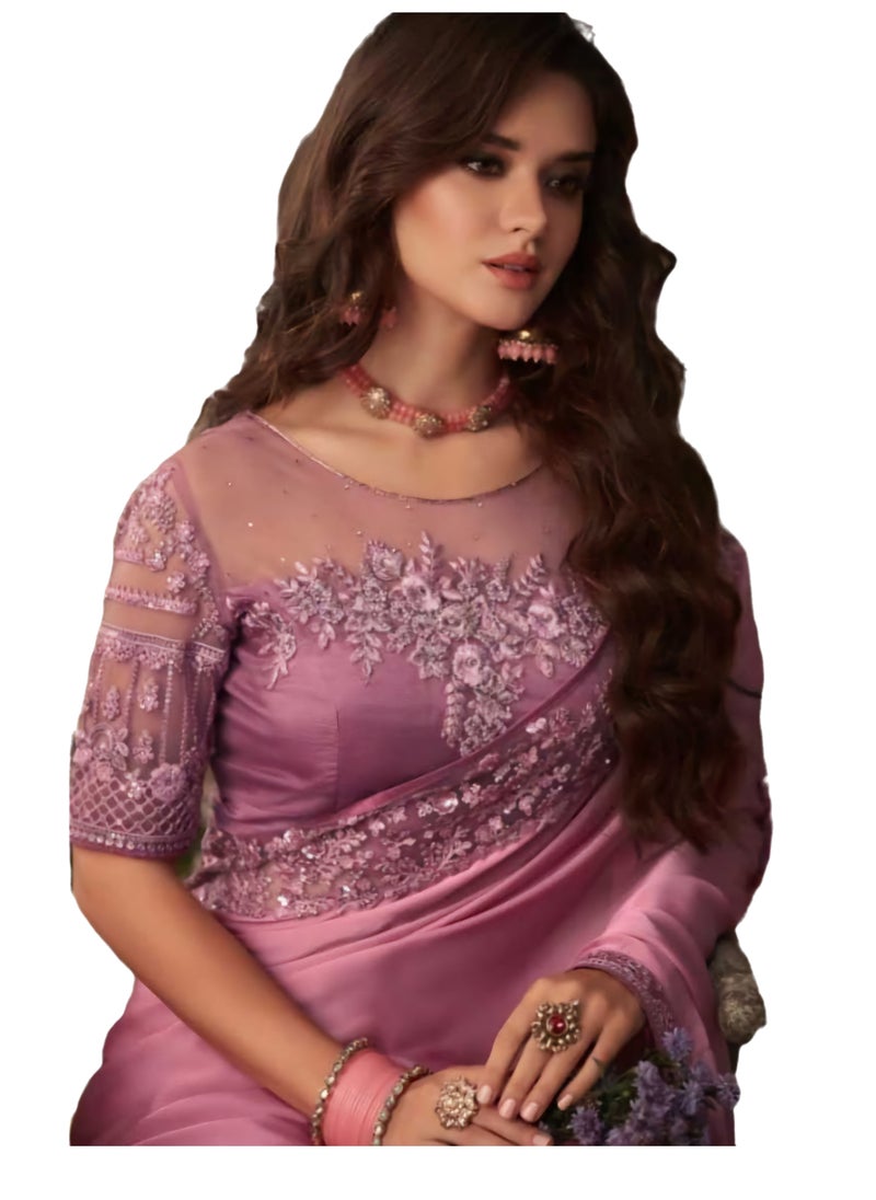 Grab Mantra Pure Satin Silk Pink Saree With Embroidered Lace Border Plus Designer Net Fancy Unstitched Blouse  - Image 1