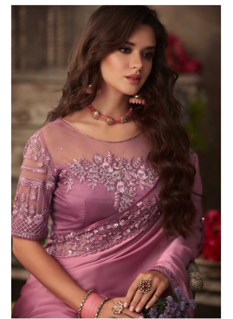 Grab Mantra Pure Satin Silk Pink Saree With Embroidered Lace Border Plus Designer Net Fancy Unstitched Blouse  - Image 2